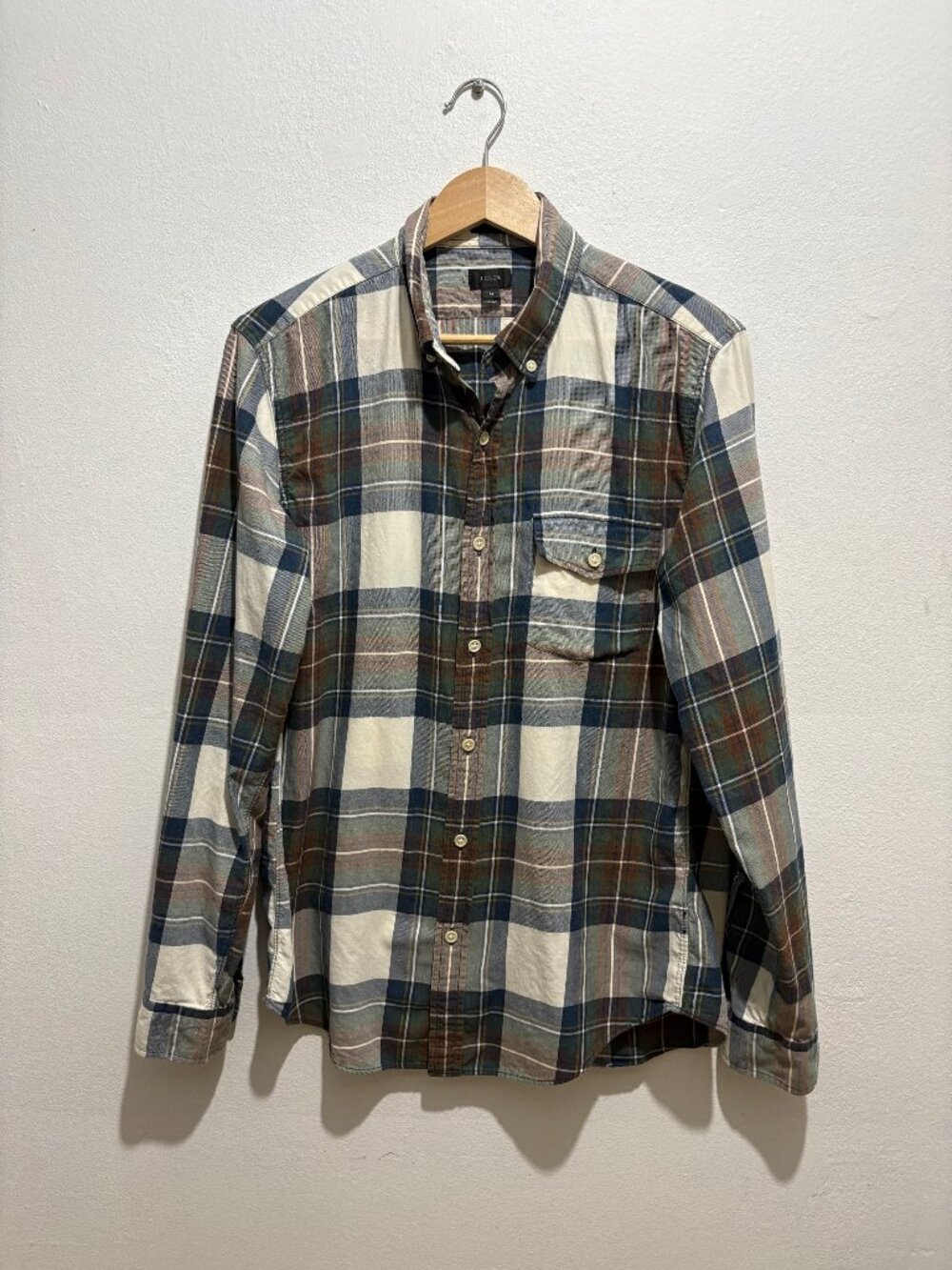 J Crew slim broken-in cotton twill shirt in cream, green & brown plaid